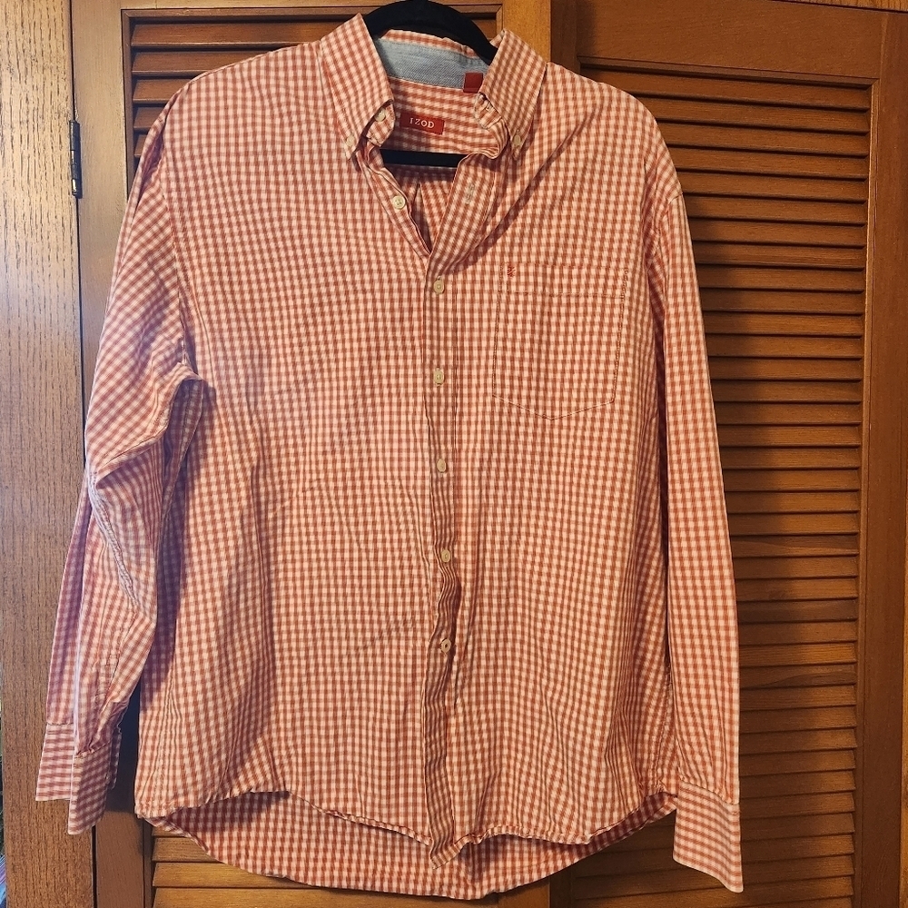IZOD Mens Lg Orange & White Check Gingham Button Down Shirt